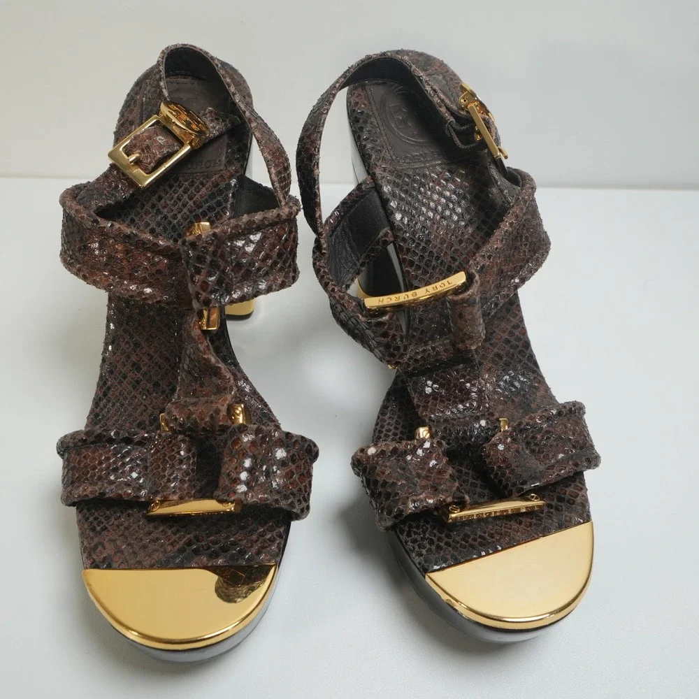 Tory Burch Karmen Platform Sandals 7M Brown Snakeskin Wood‎ Block Heel Gold
